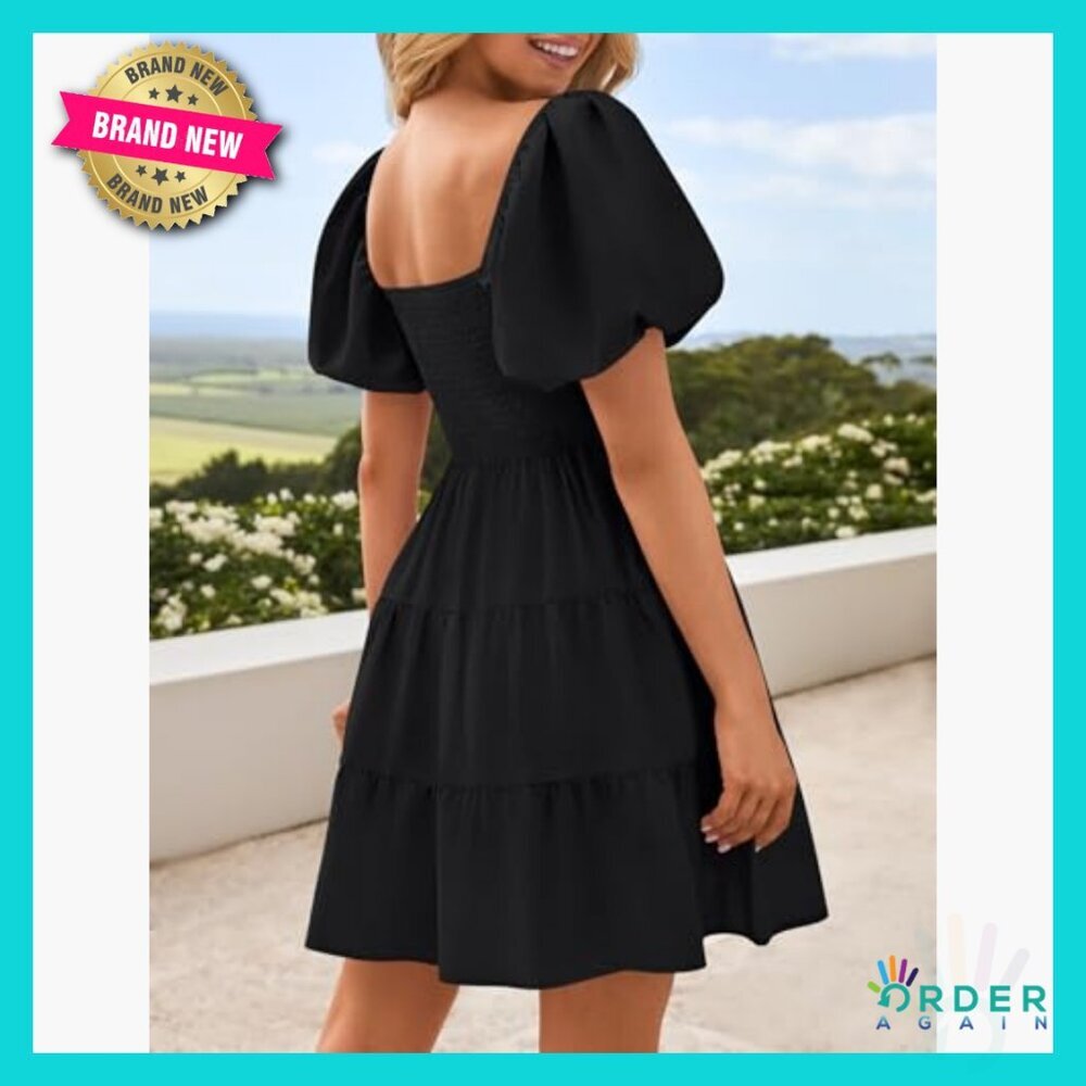 Boho Square Neck Puff Sleeve Off Shoulder Smocked Mini Dress Summer Casual - Picture 3 of 7